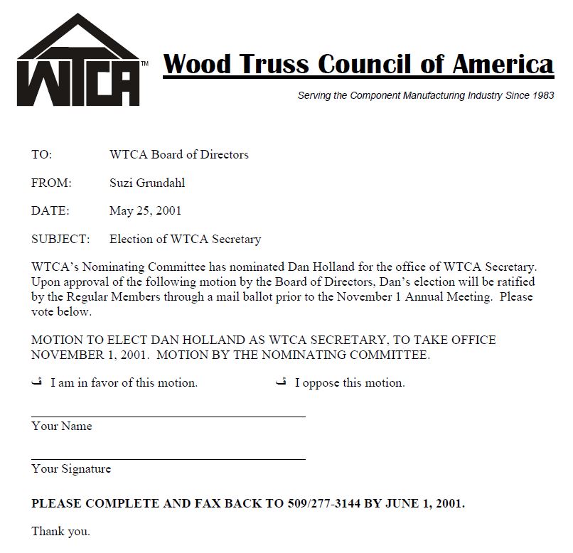 WTCA Board Motion for Dan Holland Election