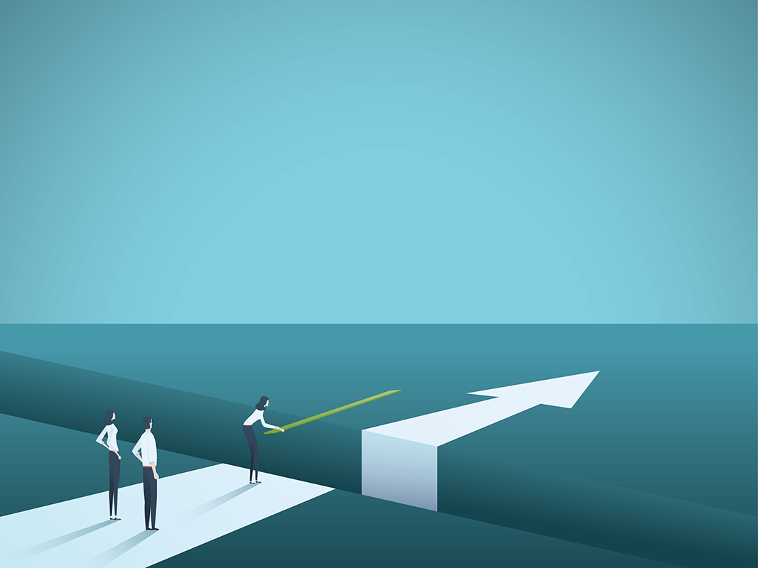 Arrow Illustration depicting three people working together to bridge a gap along their path. 